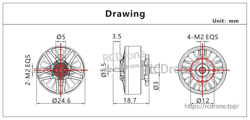 VCI SPARK 2005 brushless motor mounting drawing with 24.6 mm diameter, 18.7 mm length, and M2 hole pattern