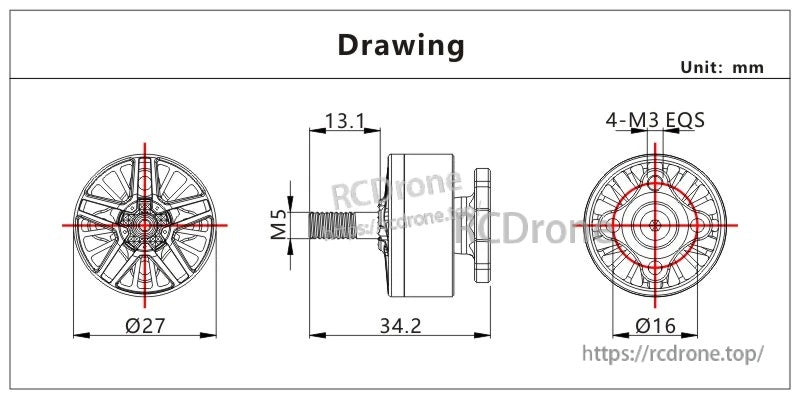 VCI SPARK 2208 Brushless Motor mechanical drawing with Ø27 mm body, 34.2 mm length, M5 shaft and 16 mm mount pattern