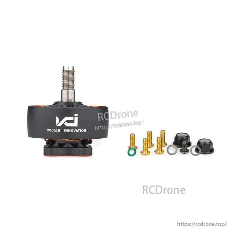 Motor with included hardware set: gold mounting screws, washers, lock nuts, and black prop nuts
