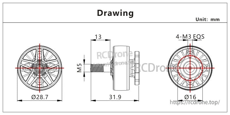 VCI SPARK 2306.5 1950KV/2800KV brushless motor dimension drawing with M5 shaft and 16mm M3 mount