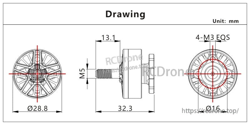 VCI SPARK 2406 1550KV/1850KV brushless motor dimension drawing with Ø28.8×32.3 mm body and M5 shaft