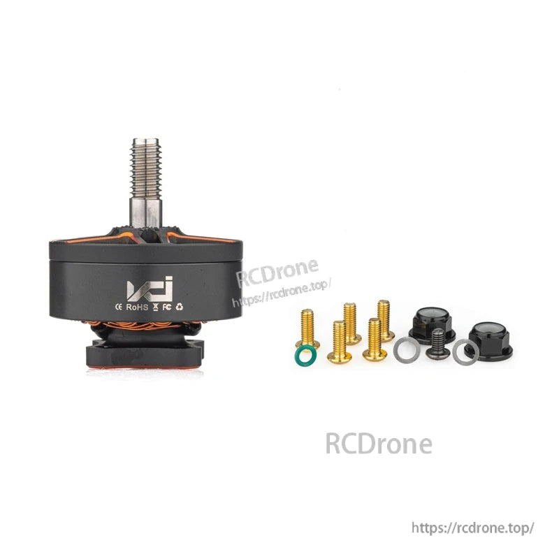 Motor with included hardware kit: gold mounting screws, washers, nut, and prop adapter parts