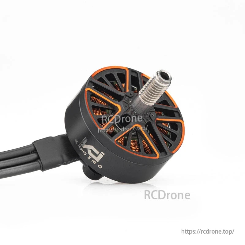 VCI SPARK 2407 brushless motor angled view showing threaded shaft, vented bell, and wire exit