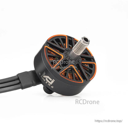 VCI SPARK 2407 brushless motor angled view showing threaded shaft, vented bell, and wire exit
