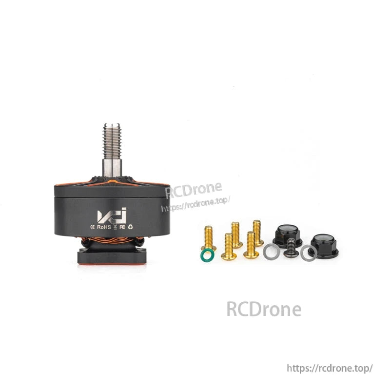 Motor with included hardware set: mounting screws, washers, and black accessories shown beside unit