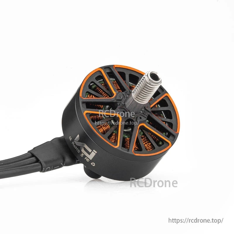 VCI SPARK 2408 brushless motor angled view highlighting vented bell, shaft, and wiring