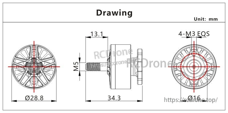 VCI SPARK 2408 brushless motor dimension drawing with Ø28.8 mm body, 34.3 mm length, M5 shaft and 4×M3 mount