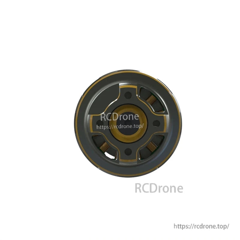 Bottom view of FPV drone motor base showing mounting holes and visible copper windings