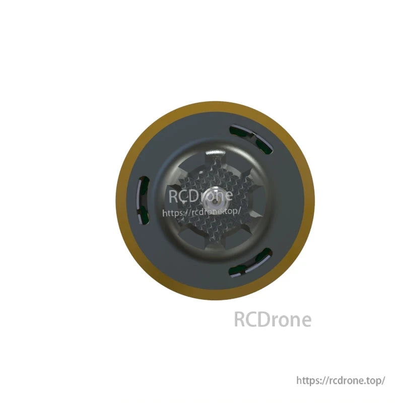 Top-down view of FPV drone motor bell with gold rim and vent slots around the cap