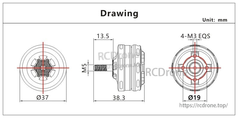 VCI SPARK 2806.5 FPV drone motor dimension drawing: Ø37mm body, 38.3mm length, M5 shaft, 19mm mount
