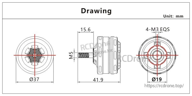 VCI SPARK 2808 Brushless Motor mechanical drawing with Ø37 mm body, 41.9 mm length, M5 shaft and Ø19 mm mount