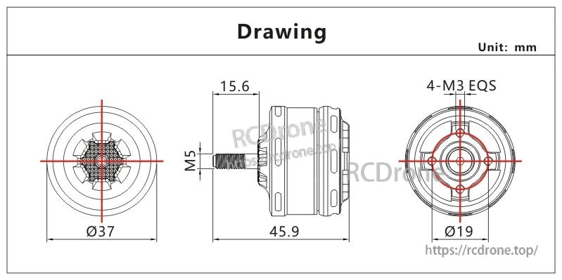 VCI SPARK 2812 motor dimension drawing: 37×45.9 mm body, M5 shaft, 4×M3 mount on 19 mm circle
