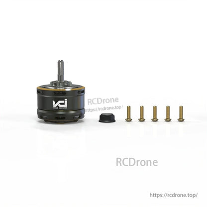Package contents: motor with threaded shaft, five gold mounting screws, and small cap/adapter