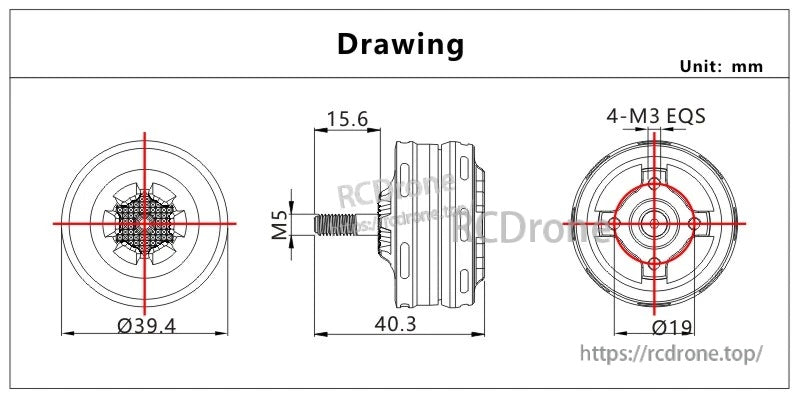 VCI SPARK 3006 1600KV brushless motor dimension drawing with Ø39.4 mm body, 40.3 mm length and M5 shaft