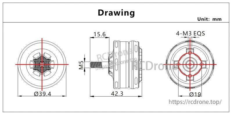 VCI SPARK 3008 Brushless Motor dimension drawing with Ø39.4×42.3 mm body, M5 shaft, Ø19 mm mount