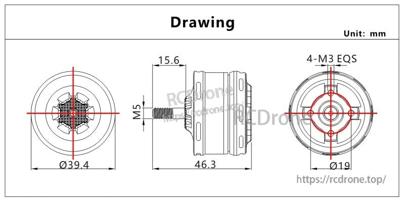 VCI SPARK 3012 Motor dimension drawing with Ø39.4 mm body, 46.3 mm length, M5 shaft and 4×M3 mount
