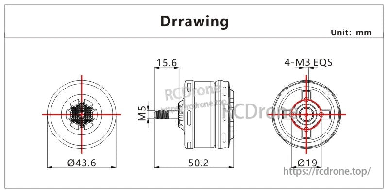 VCI SPARK 3214 Brushless Motor mechanical drawing with Ø43.6mm diameter, 50.2mm length and M5 shaft