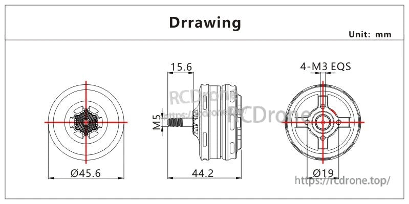 VCI SPARK 3508 motor dimension drawing with 45.6mm OD, 44.2mm length, M5 shaft, 19mm mount circle