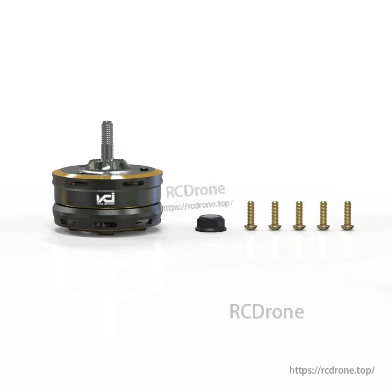 Motor with included hardware set, showing mounting screws and a small black cap/adapter beside unit