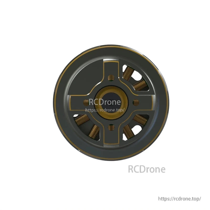Bottom mounting face view showing bolt pattern and exposed copper windings inside the motor housing