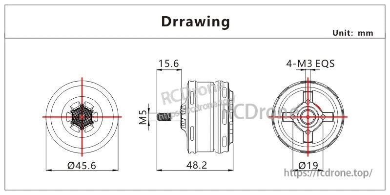 VCI SPARK 3512 450KV/800KV motor dimension drawing with Ø45.6 mm body, M5 shaft, and 4×M3 mount pattern