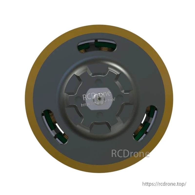 Top view of the outrunner motor bell with ventilation cutouts and gold rim detail