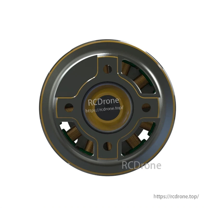 Bottom mounting face view showing bolt pattern and exposed copper windings around the stator