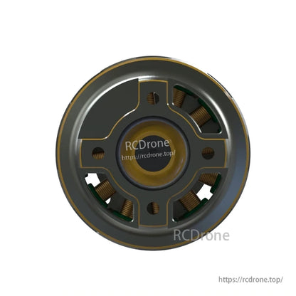 Bottom mounting face view showing bolt pattern and exposed copper windings around the stator