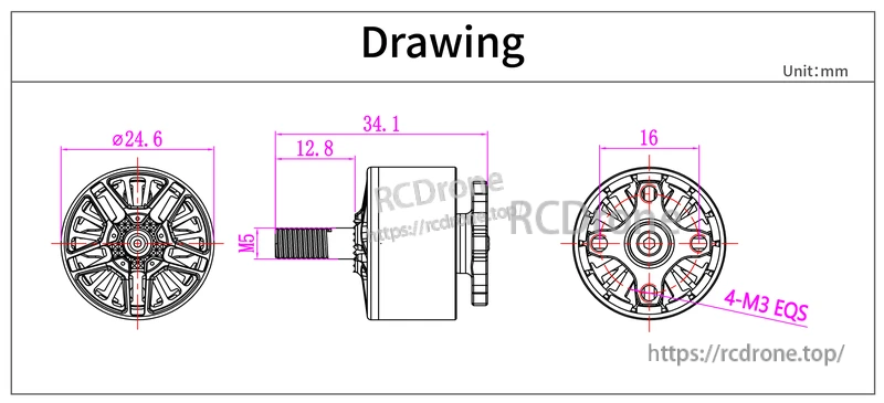 VCI ZOE 2010 1911KV Motor dimension drawing with 4x M3 mounting pattern, M5 shaft and key measurements