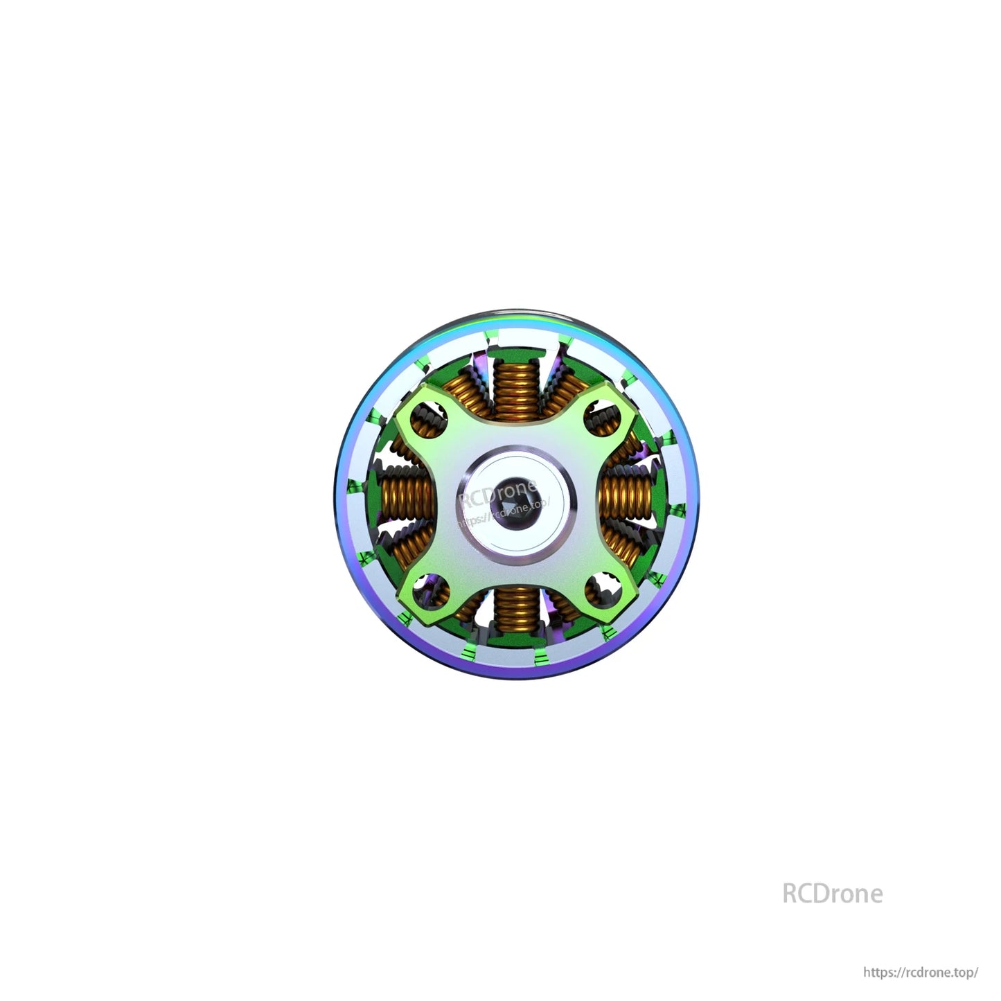 Bottom view of motor base with mounting plate and exposed copper windings around the hub
