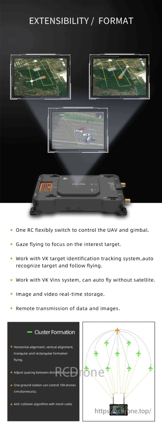VK V10-Pro UAV Controller provides flexible control, target tracking, auto flight, real-time storage, remote data transmission, and cluster formation flying with anti-collision.