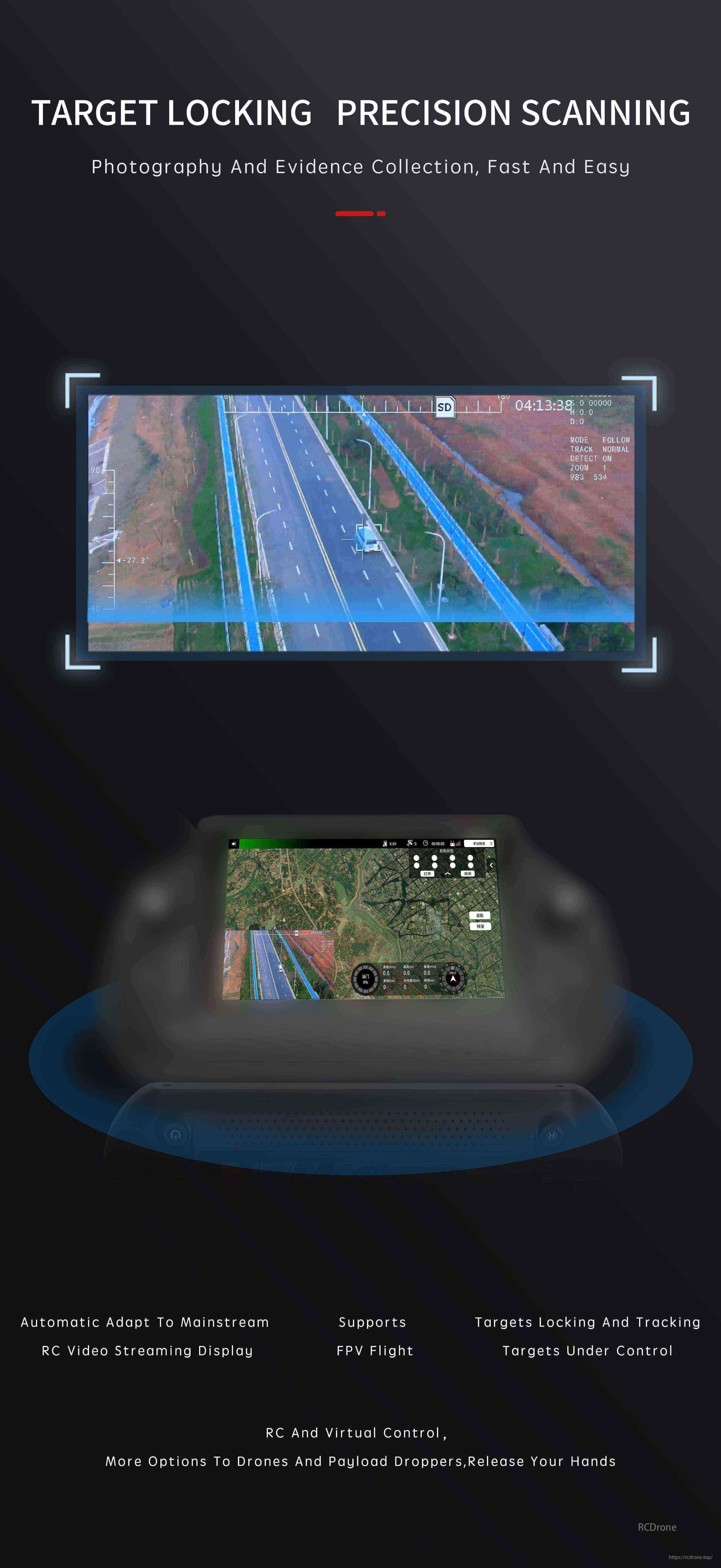 VK V12 Drone provides target locking, precision scanning, fast evidence collection, FPV flight, automatic streaming, and virtual hands-free control.