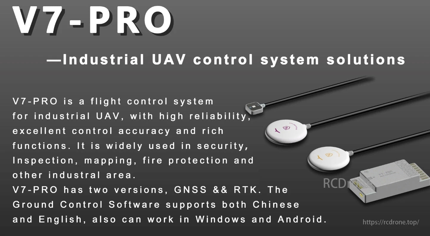 VK V7-PRO Industrial UAV Drone Flight Controller, V7-PRO is a reliable industrial UAV flight control system with high accuracy, diverse functions, and GNSS/RTK versions, used in security, inspection, mapping, and fire protection. Its ground control software supports Chinese/English and Windows/Android platforms.
