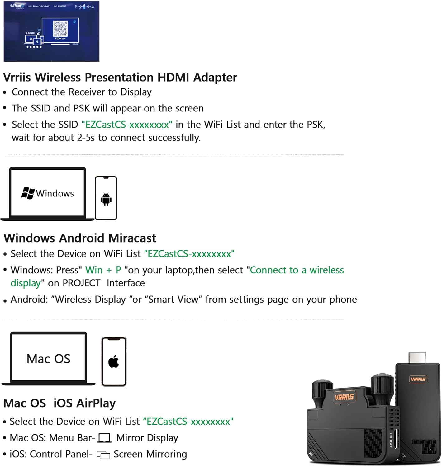 VRRIIS WL091HD, Instructions for using Vrriis Wireless Presentation HDMI Adapter: Connect receiver to display, select EZCastCS SSID and enter PSK, or use Windows' Win + P, Android Wireless Display, Mac OS/iOS' device selection.