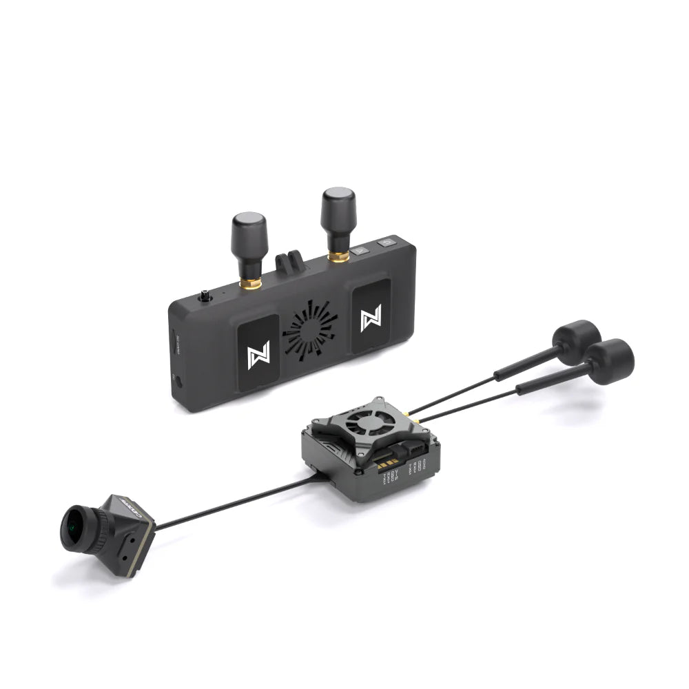 Avatar FPV VRX kit layout on white background, showing receiver module, dual antennas, VTX board and FPV camera
