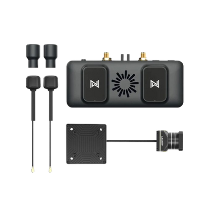 Walksnail Avatar FPV VRX kit with dual-antenna video receiver, two antennas, camera module and square PCB