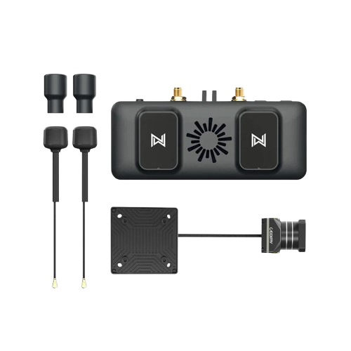 Walksnail Avatar FPV VRX kit with dual-antenna video receiver, two antennas, camera module and square PCB