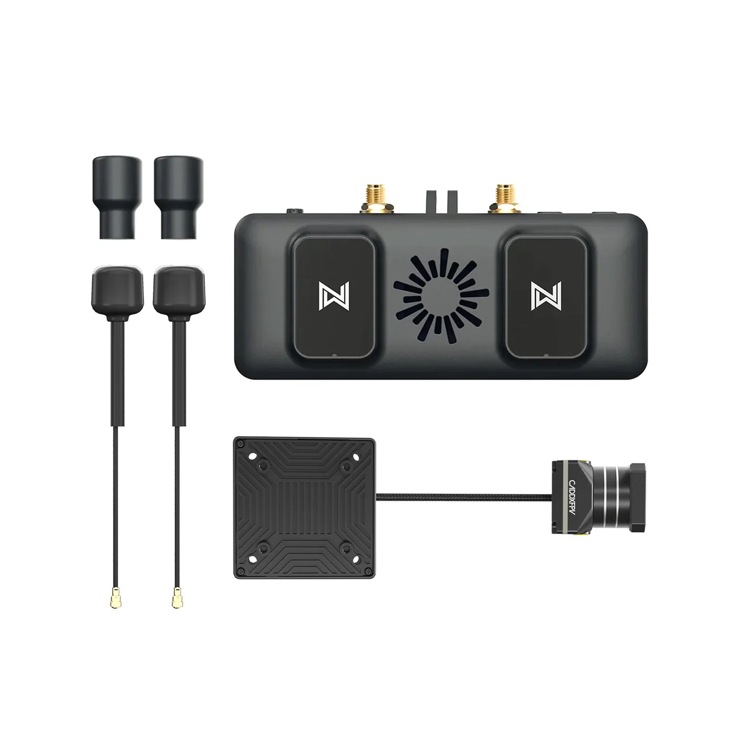 Walksnail Avatar FPV VRX components laid out: receiver with two SMA ports, antennas, camera and transmitter board
