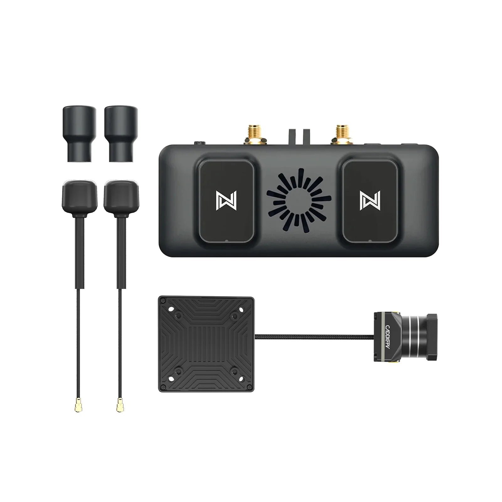 Walksnail Avatar FPV VRX components laid out: receiver with two SMA ports, antennas, camera and transmitter board