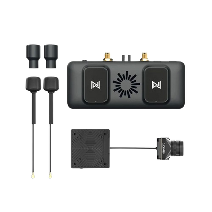 Walksnail Avatar FPV VRX kit with dual antennas, receiver module, and Avatar camera with VTX board
