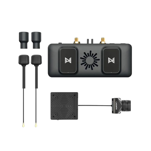 Walksnail Avatar FPV VRX kit with dual antennas, receiver module, and Avatar camera with VTX board