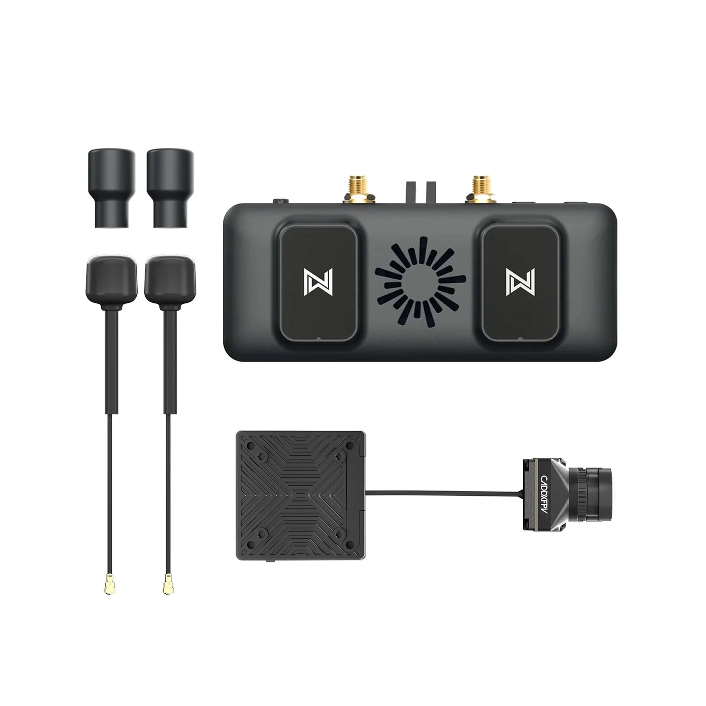 Walksnail Avatar FPV VRX receiver module with two antennas and Avatar FPV camera and VTX board set