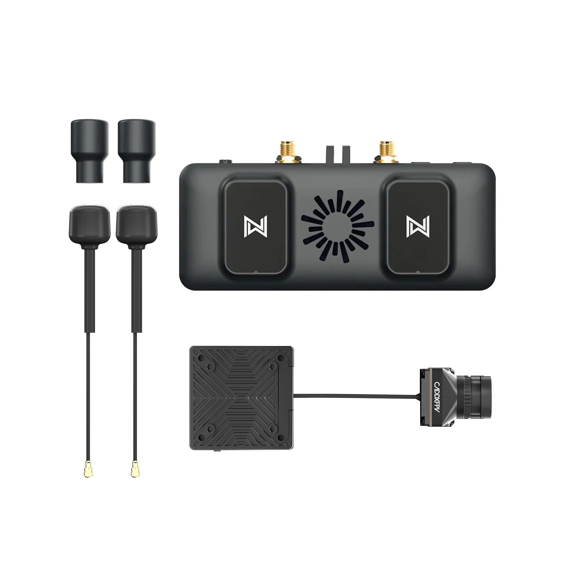 Walksnail Avatar FPV VRX receiver module with two antennas and Avatar FPV camera and VTX board set