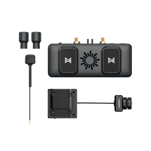 Walksnail Avatar FPV VRX kit with receiver, antennas, module board and FPV camera on transparent background