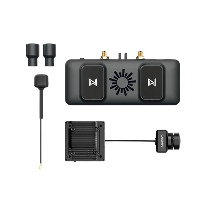 Walksnail Avatar FPV VRX kit with receiver, antennas, module board and FPV camera on transparent background