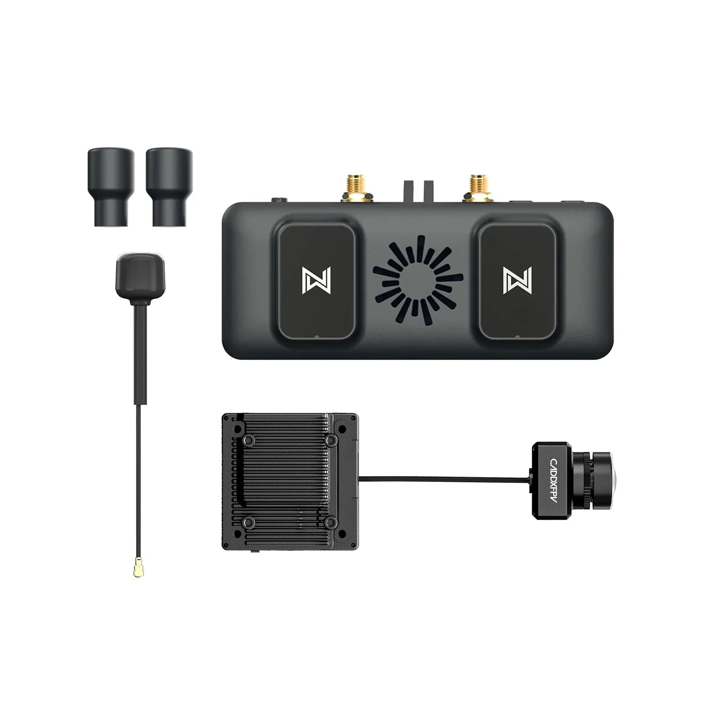 Receiver unit top view with dual antenna ports, long antenna, and connected module board with FPV camera on white background