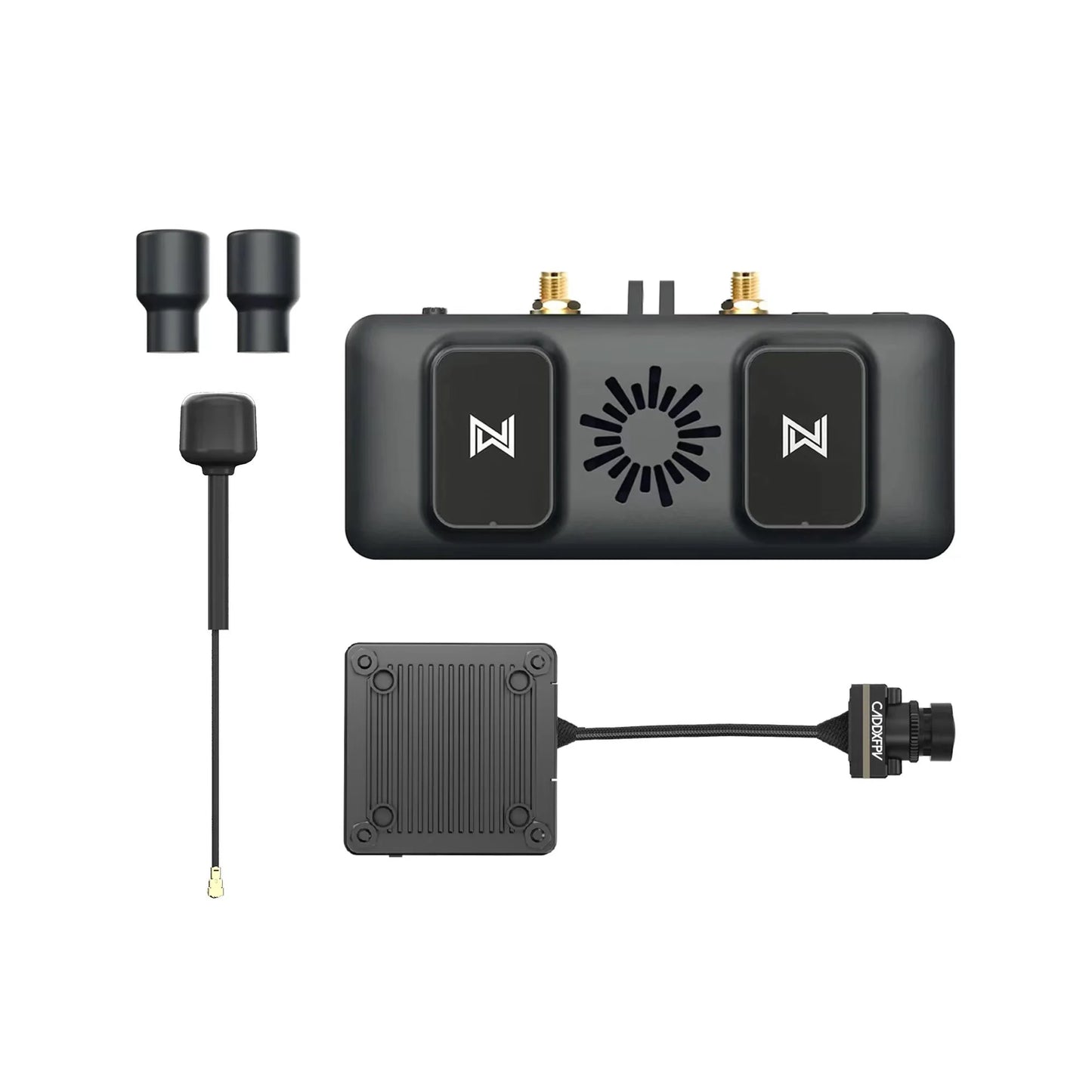 Avatar FPV VRX receiver top view with two SMA antenna ports, plus nano camera and antenna accessories