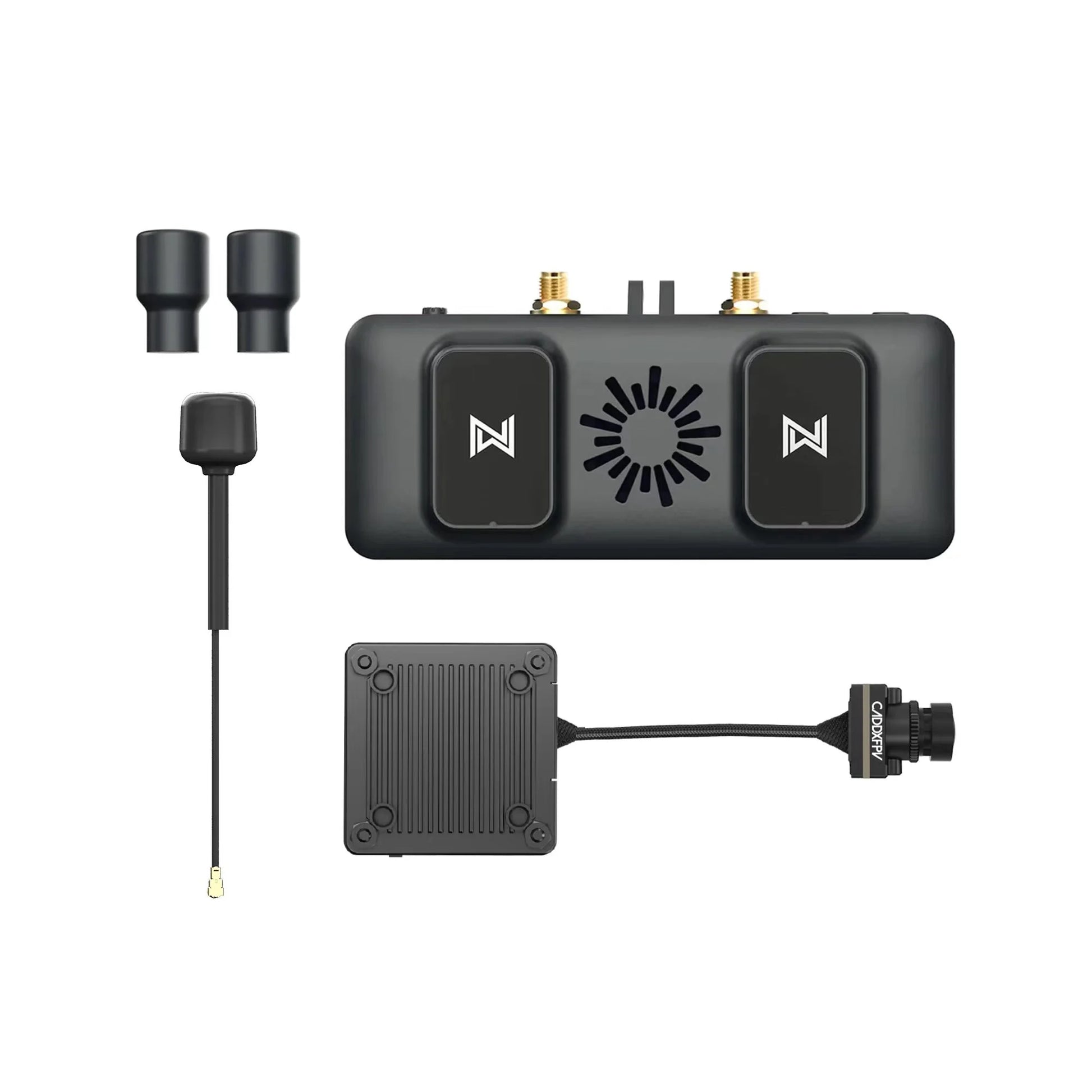 Avatar FPV VRX receiver top view with two SMA antenna ports, plus nano camera and antenna accessories