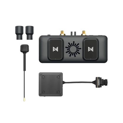 Avatar FPV VRX receiver top view with two SMA antenna ports, plus nano camera and antenna accessories
