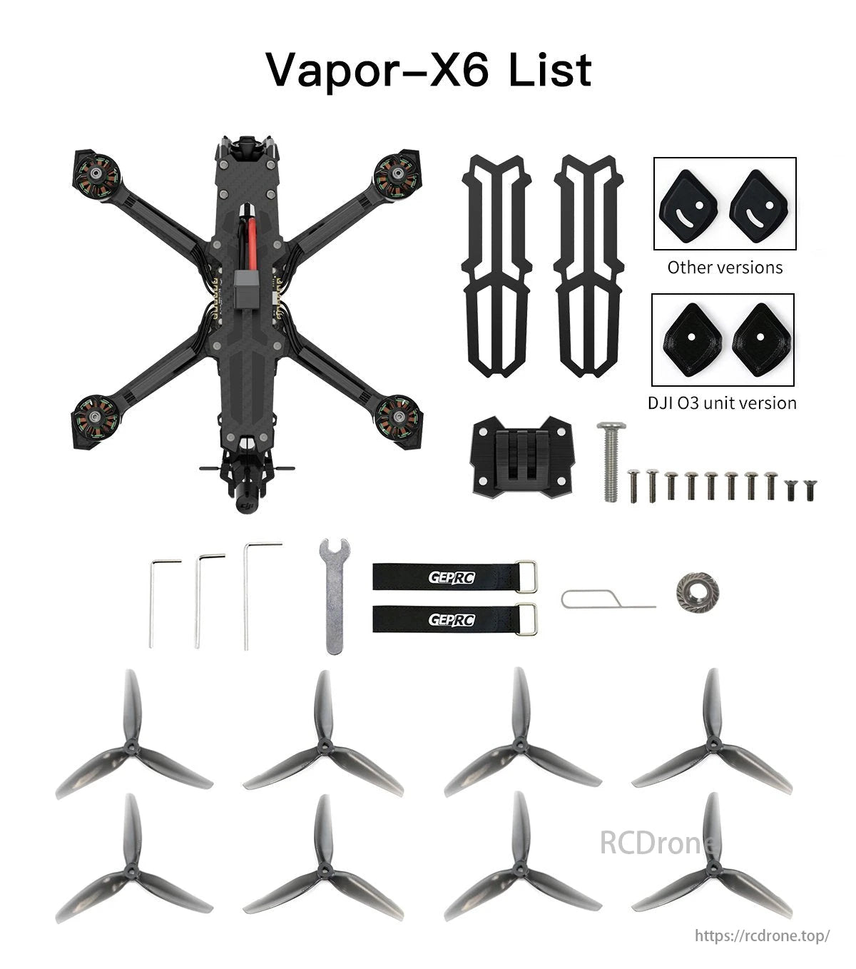 Vapor X6 FPV Drone, Vapor-X6 FPV Drone components: frame, props, screws, and accessories.